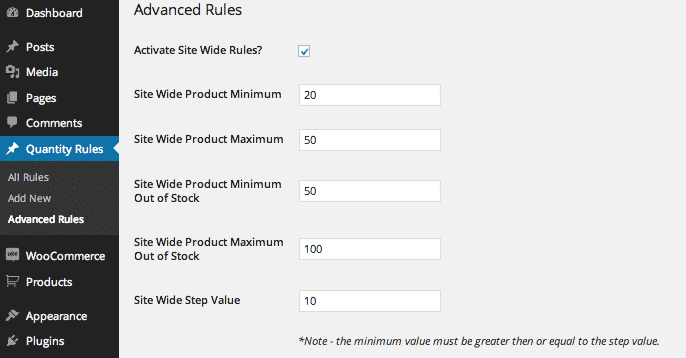 advanced rules admin screen